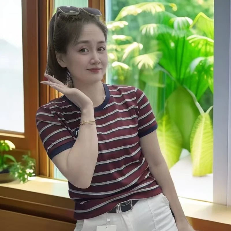 《丽丽家》条纹短袖t恤女夏季新款时尚撞色百搭显瘦设计感体恤上衣