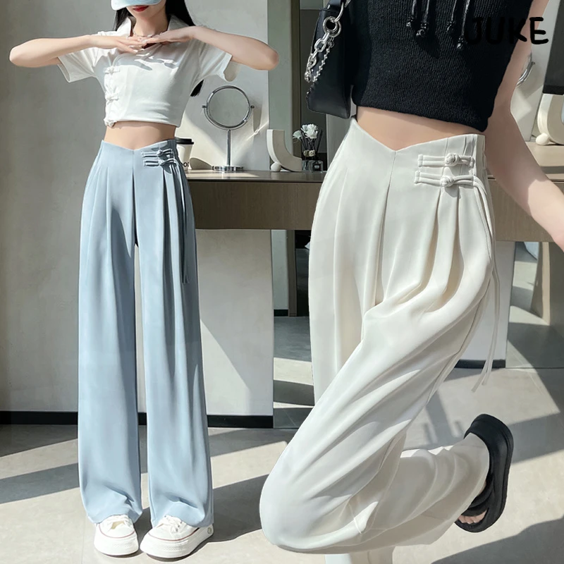 新中式国风复古盘扣西装裤女垂感直筒阔腿裤西裤重工凉凉裤