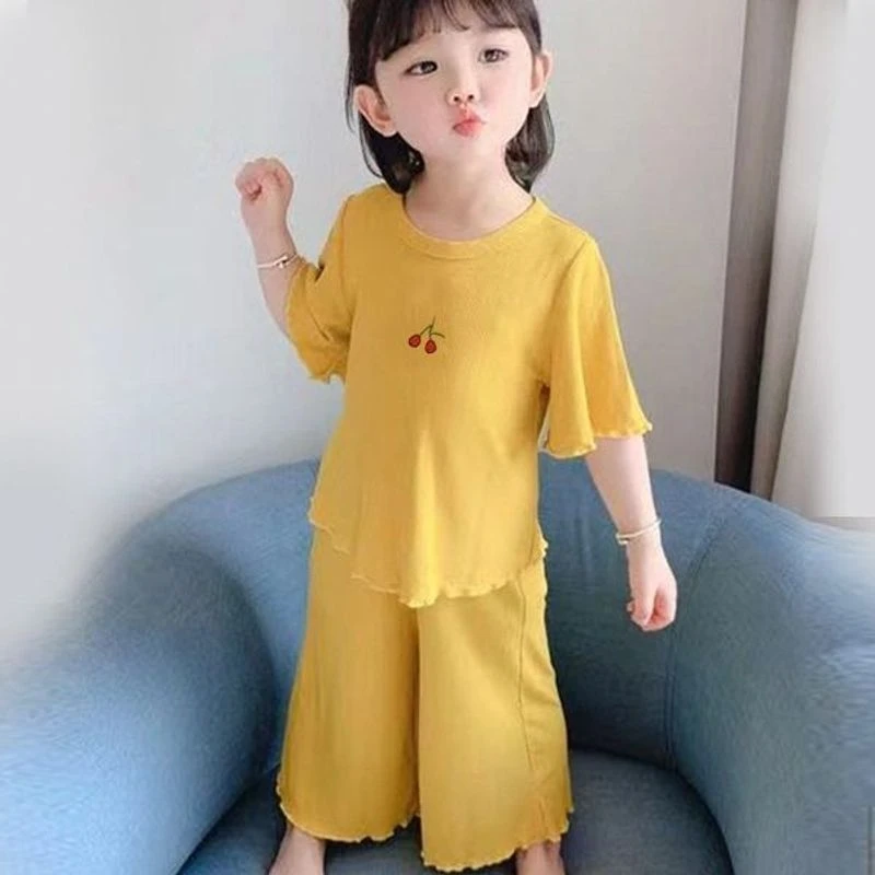 新款女童短袖睡衣冰丝夏季套装薄款中小童薄款家居服女宝宝空调