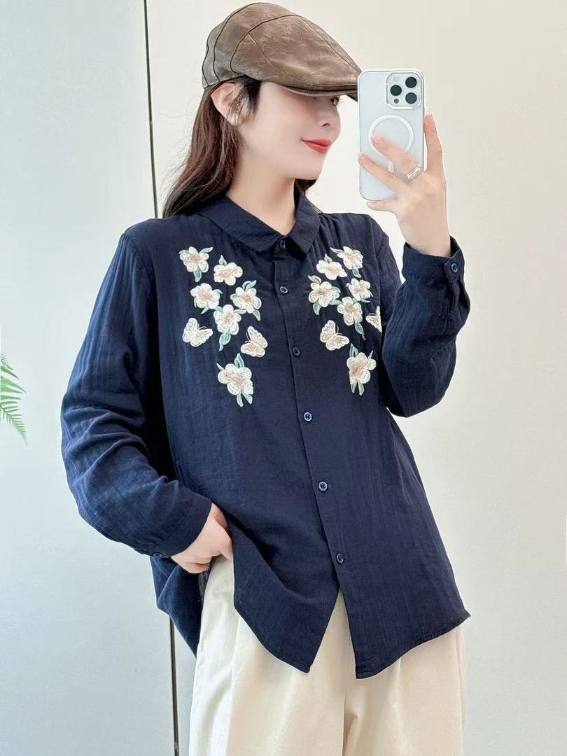 Yiwen【繁花】2025春季新款刺绣鸡蛋花双层棉纱衬衫女长袖1021