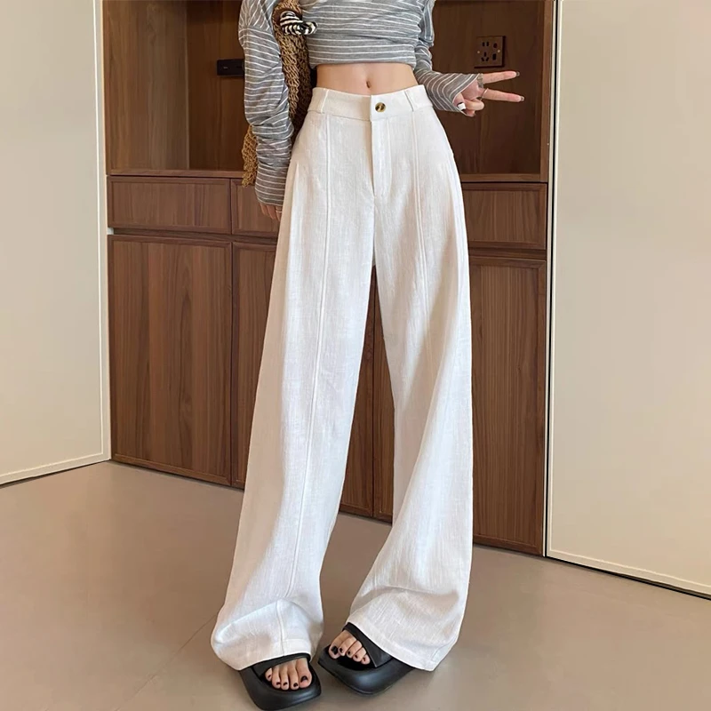 【现货+运费险】老钱风亚麻裤夏透气宽松显瘦垂感高腰阔腿裤250415