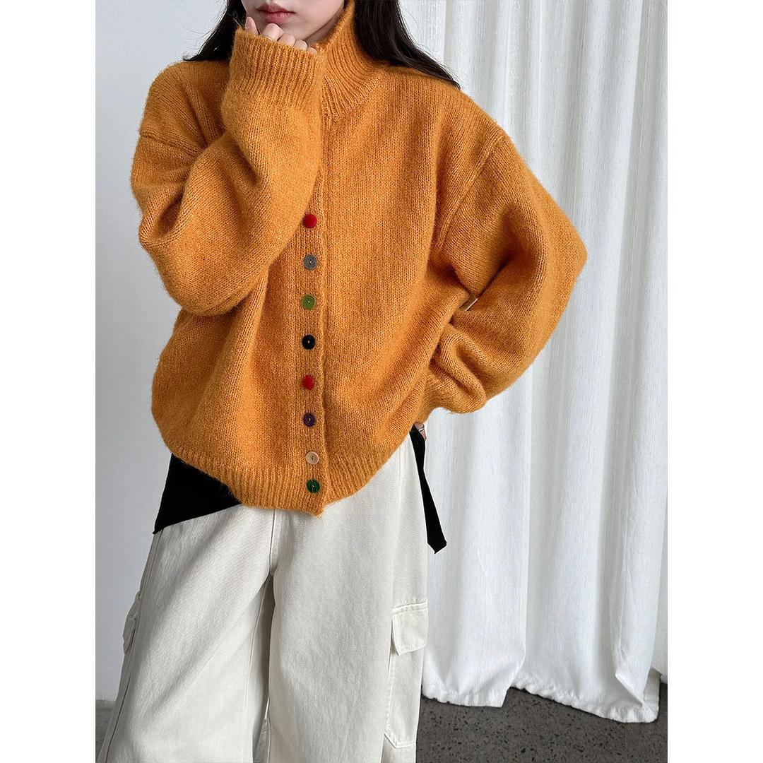 韩系设计感彩色纽扣立领毛衣外套女2025秋冬新款软糯羊毛针织开衫