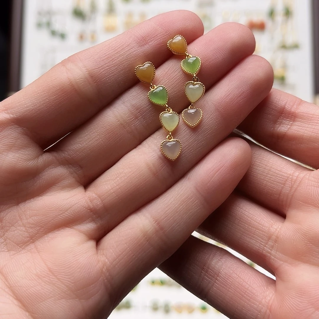 银S925镀金镶嵌和田玉耳钉