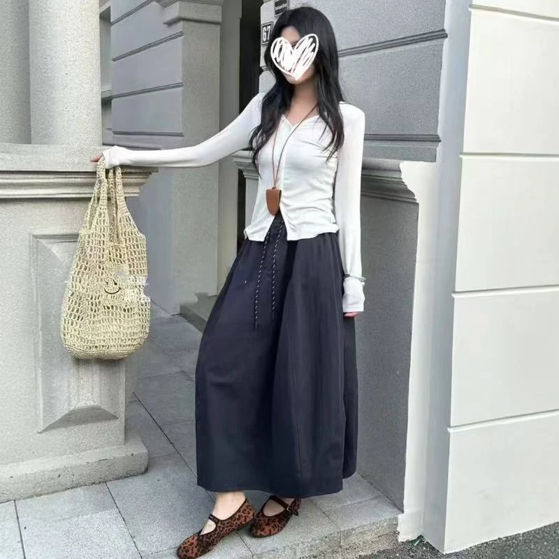 拼接简约南瓜裙半身裙少女风中长款2025新款夏高腰拼接花苞裙子