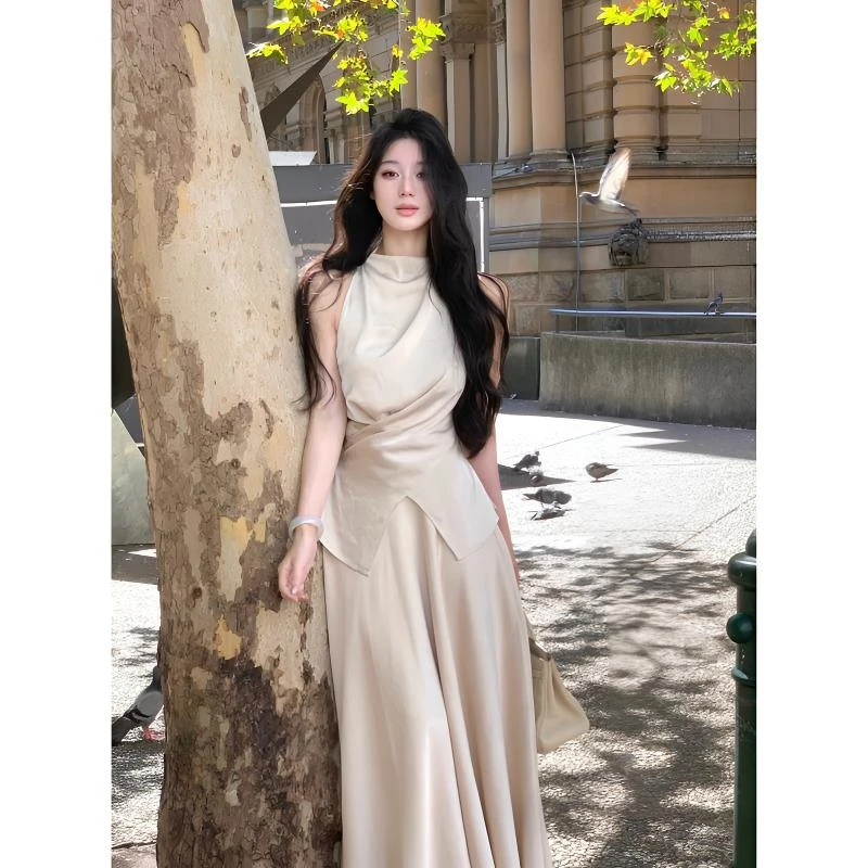 夏季新款落落白月小众设计感缎面套装高端显瘦气质时尚两件套百搭