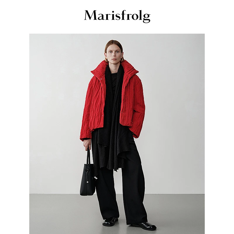【芳芳精选】玛丝菲尔2025新款翻领褶皱肌理感琉璃红短款外套
