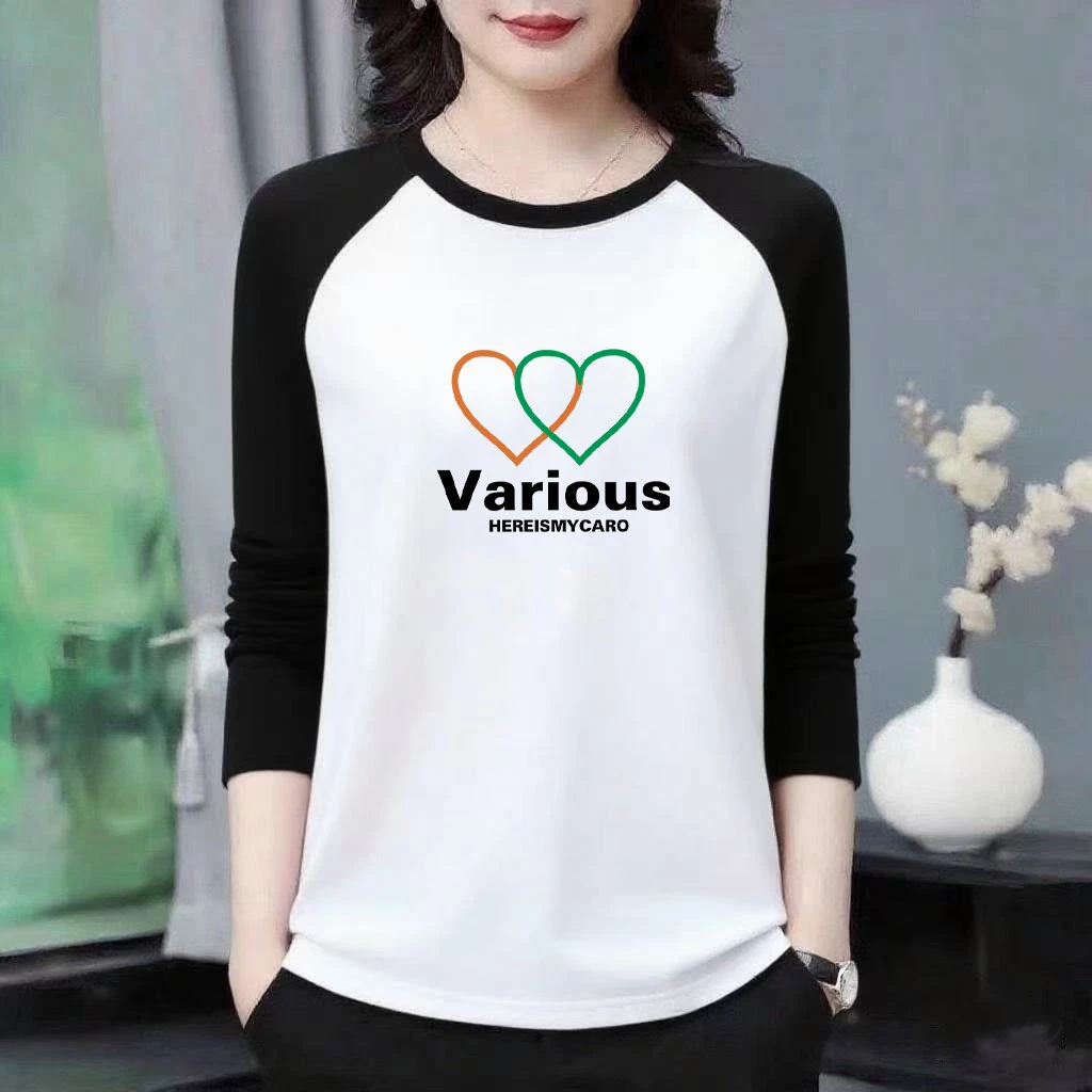 纯棉春秋季爆款长袖卫衣T恤女时尚大码宽松显瘦拼接撞色洋气通勤T