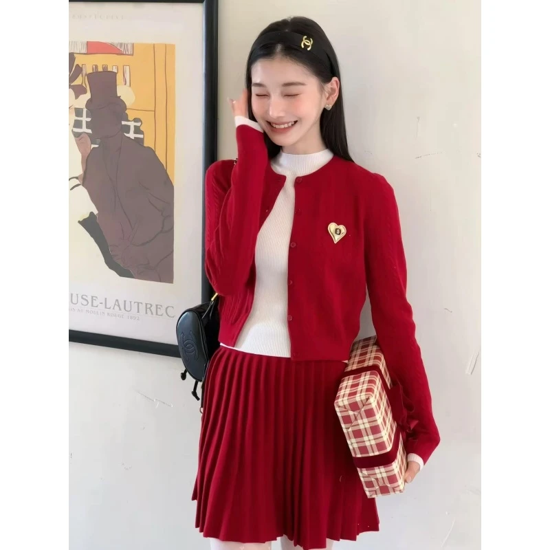 圣诞穿搭秋冬复古红色小香风半高领无袖针织背心毛衣外套百褶短裙