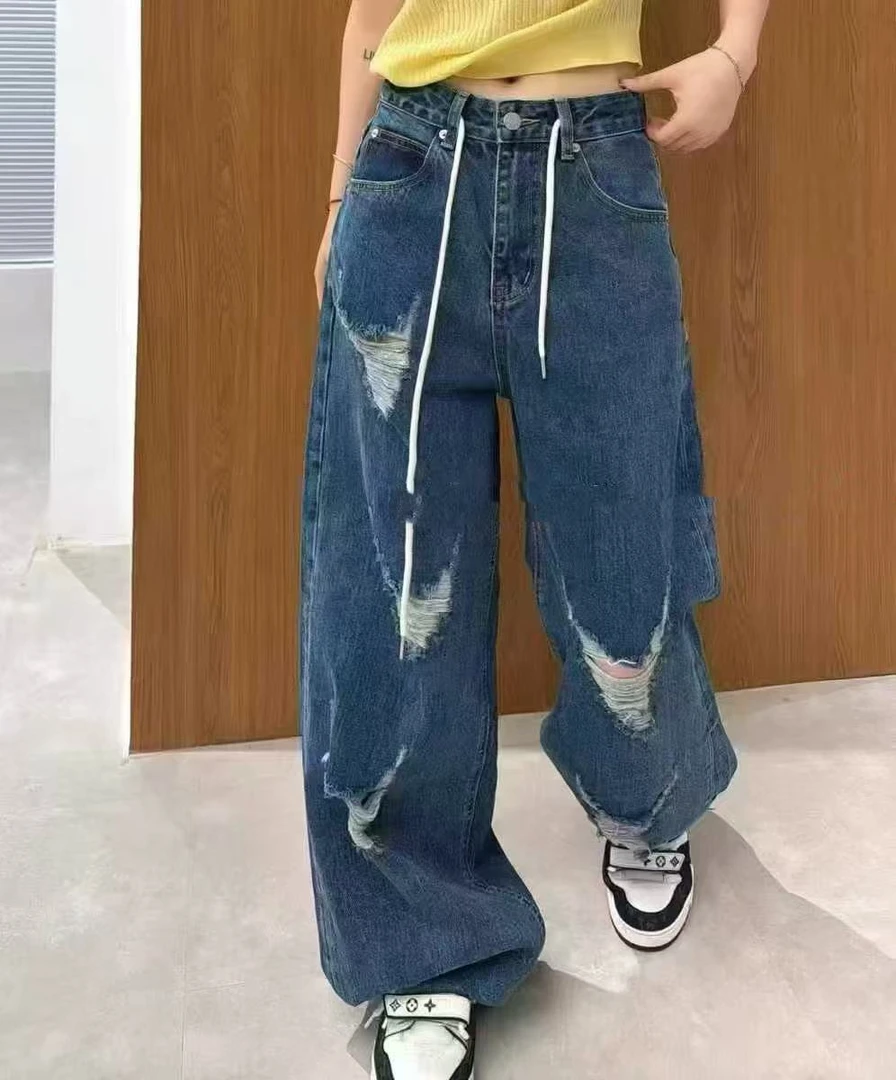 59557-3582 深蓝抽绳破洞时尚宽松牛仔裤