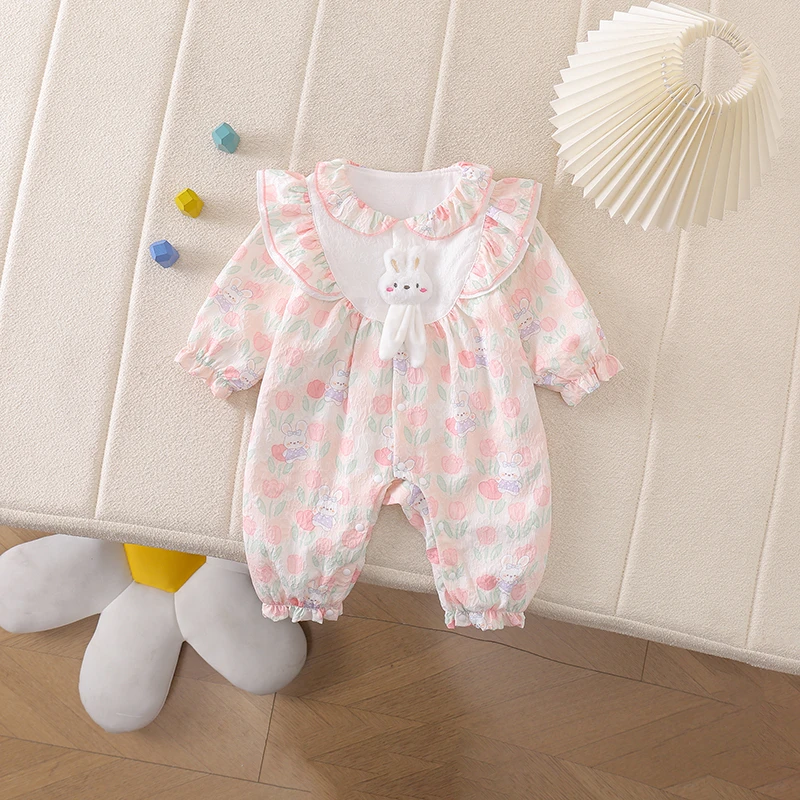 春秋哈衣爬服女童满印郁金香小兔哈衣连体衣幼儿洋气