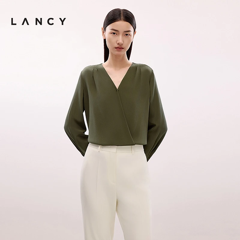 【100%桑蚕丝】LANCY/朗姿2025夏新款真丝衬衫优雅V领气质上衣女