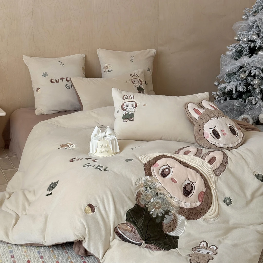 新款牛奶绒贴布绣卡通三四件套拉不不被套冬季保暖儿童床上床单