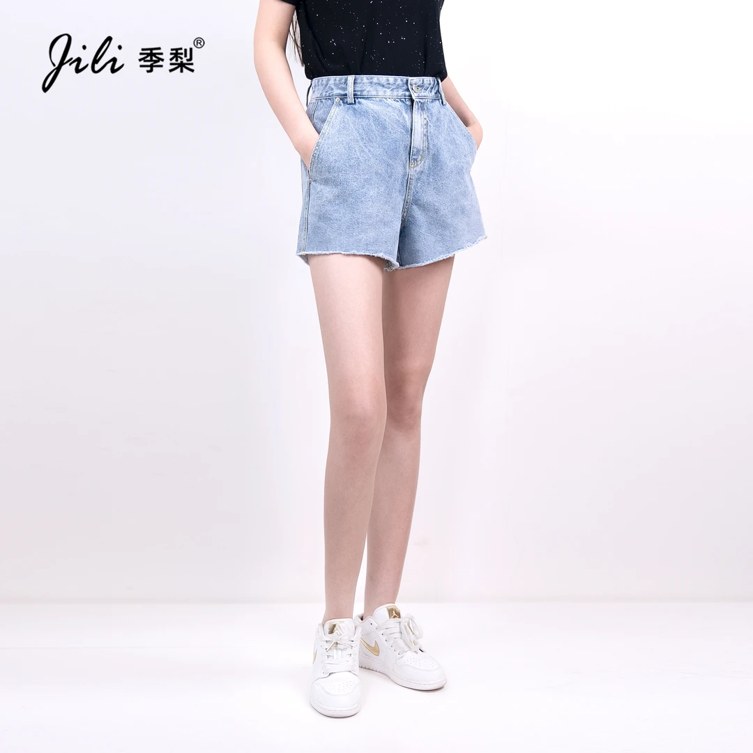 季梨【清仓处理】洗水A字毛边水洗纹高腰夏季休闲无弹牛仔短裤