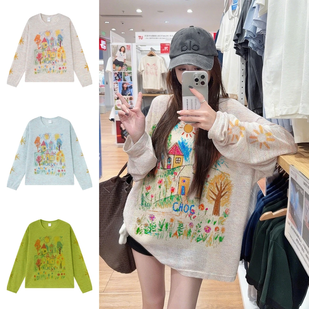 慵懒风涂鸦印花宽松薄款长袖T恤女夏季小众别致百搭上衣防晒罩衫