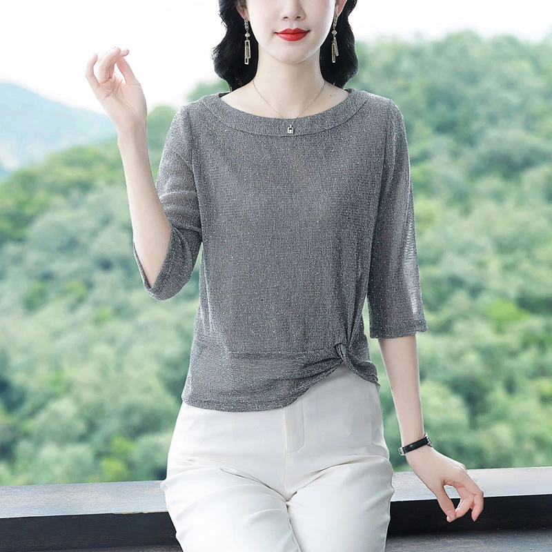 网纱烫钻上衣女士中袖内搭春夏新款洋气修身打底恤短款小衫大码