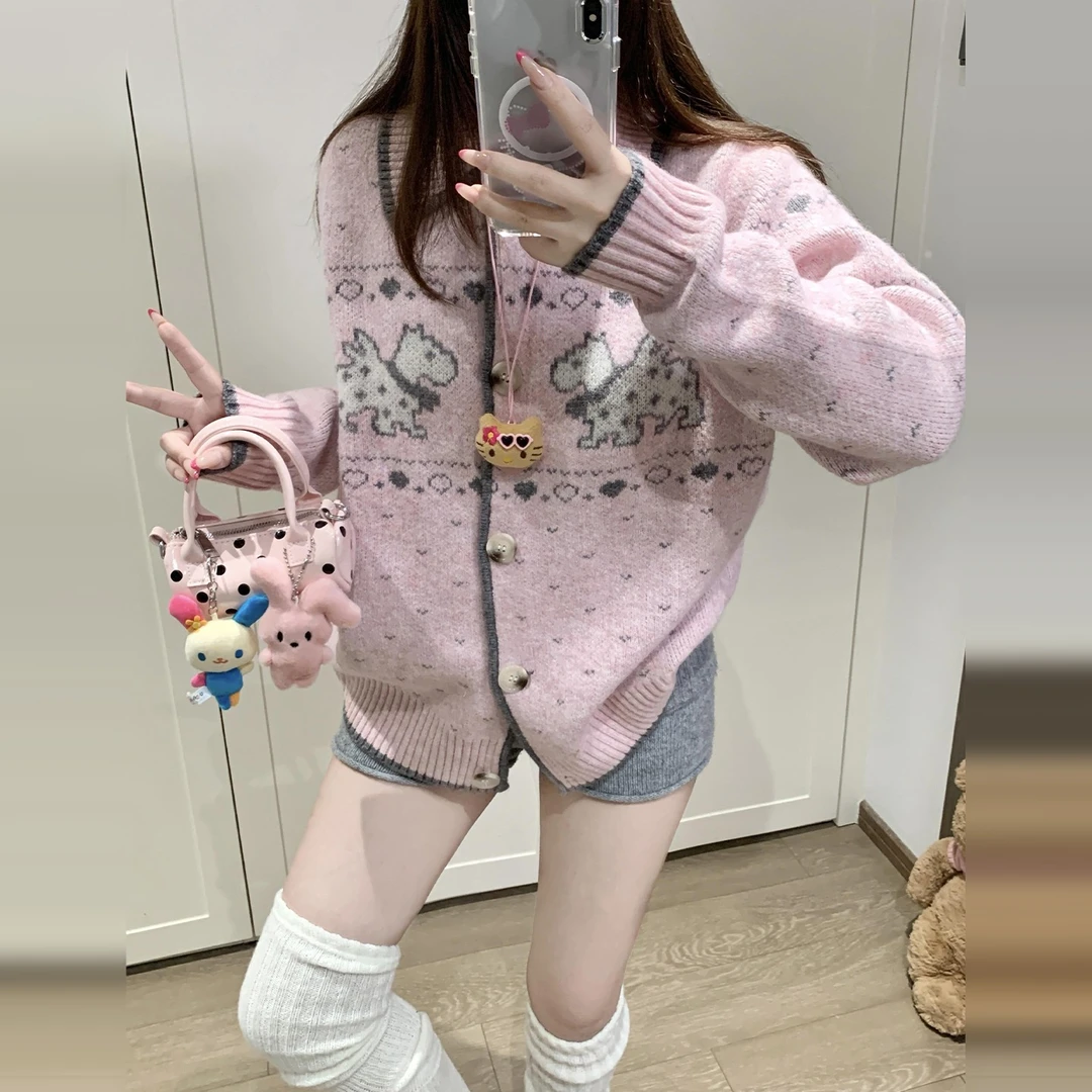 费尔岛毛衣慵懒高级感宽松针织开衫外套女秋冬季2025新款粉色上衣