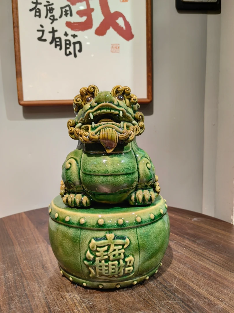 非遗手工陶瓷鼓上瑞兽貔貅绿釉 17×18×26博古架玄关装饰摆件