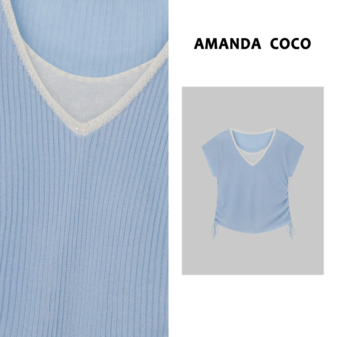 灿灿# 轻彩夏日～夏季薄款串珠假两件清新显瘦短袖针织衫