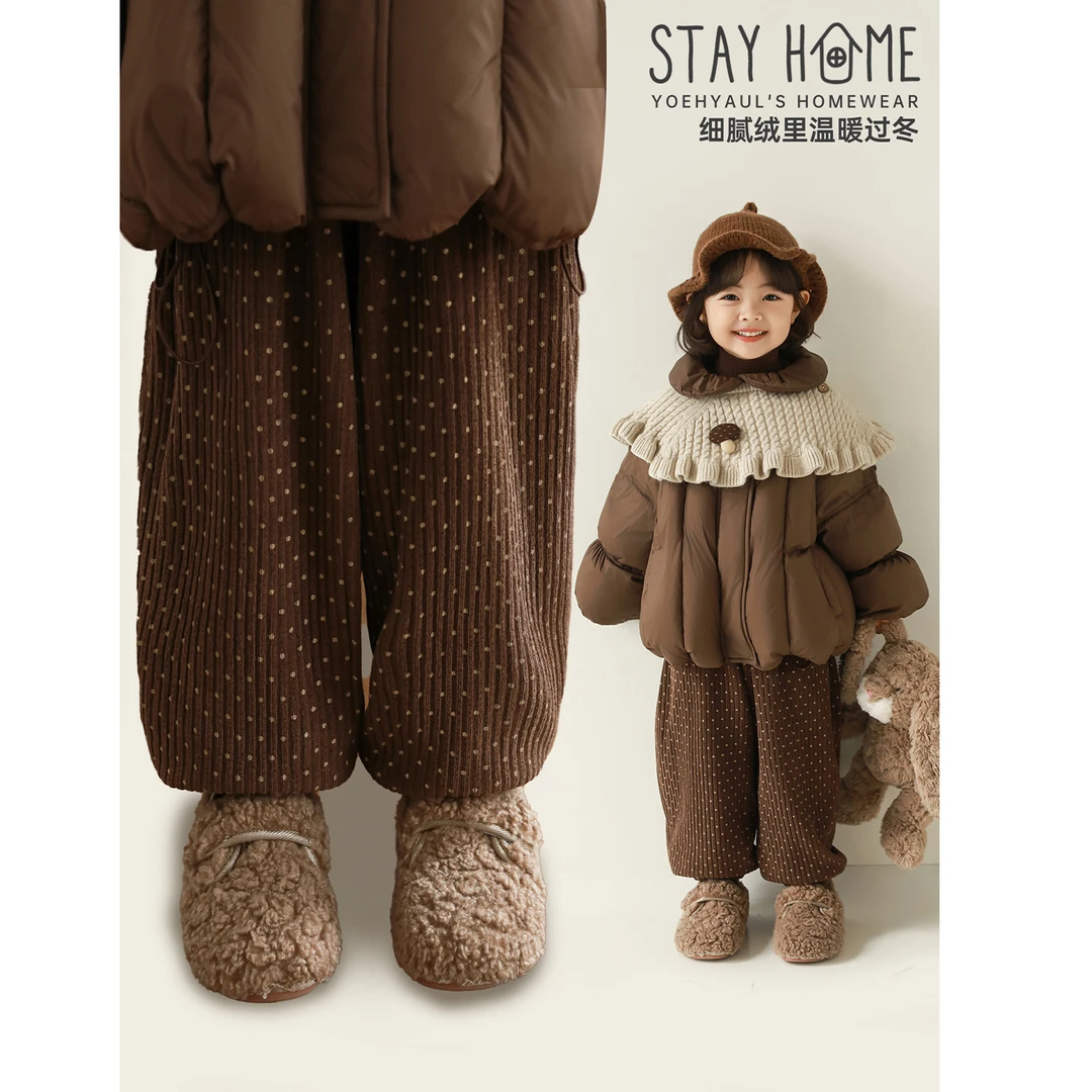 幼悠女童加绒保暖波点灯笼裤2025冬季新款儿童加厚宽松裤子D4218