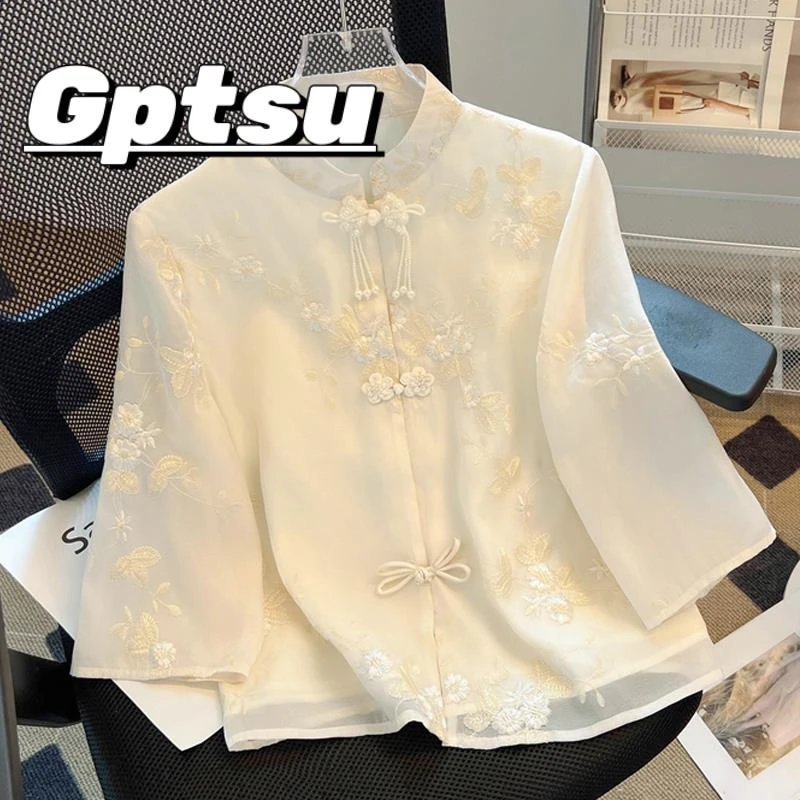 GPTSu新中式国风上衣年轻款刺绣独特别致雪纺小衫立领盘扣衬衫女