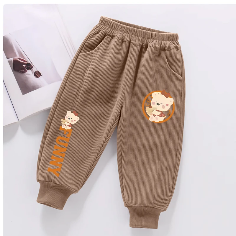 儿童灯芯绒束脚裤男童女童中腰长裤印花休闲裤洋气百搭运动裤子