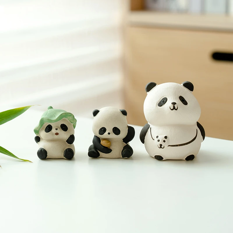 德白元宝熊猫紫砂茶宠摆件家用办公桌可爱桌面创意手工陶瓷装饰品