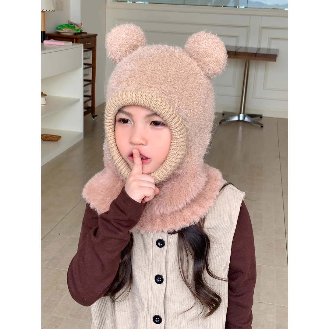 儿童护耳帽子口罩围脖一体帽冬季保暖男童女童防风加厚毛线套头帽