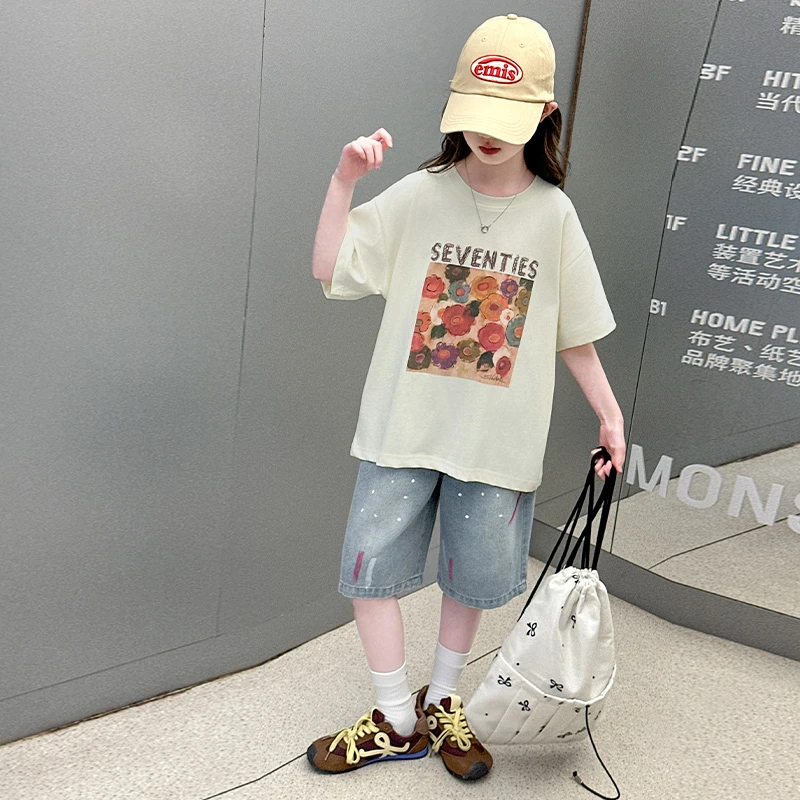 女童夏季套装2025新款女孩洋气大童儿童夏装休闲短袖t恤牛仔短裤