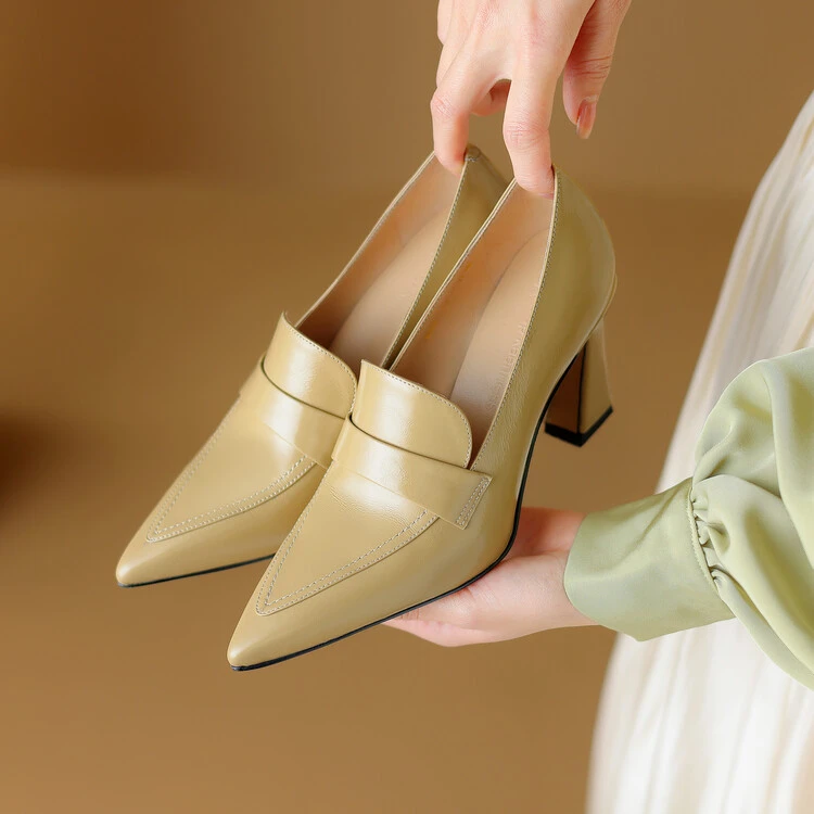 里外全皮~8cm牛皮单鞋春秋气质真皮优雅轻奢贵妇百搭尖头粗跟高跟