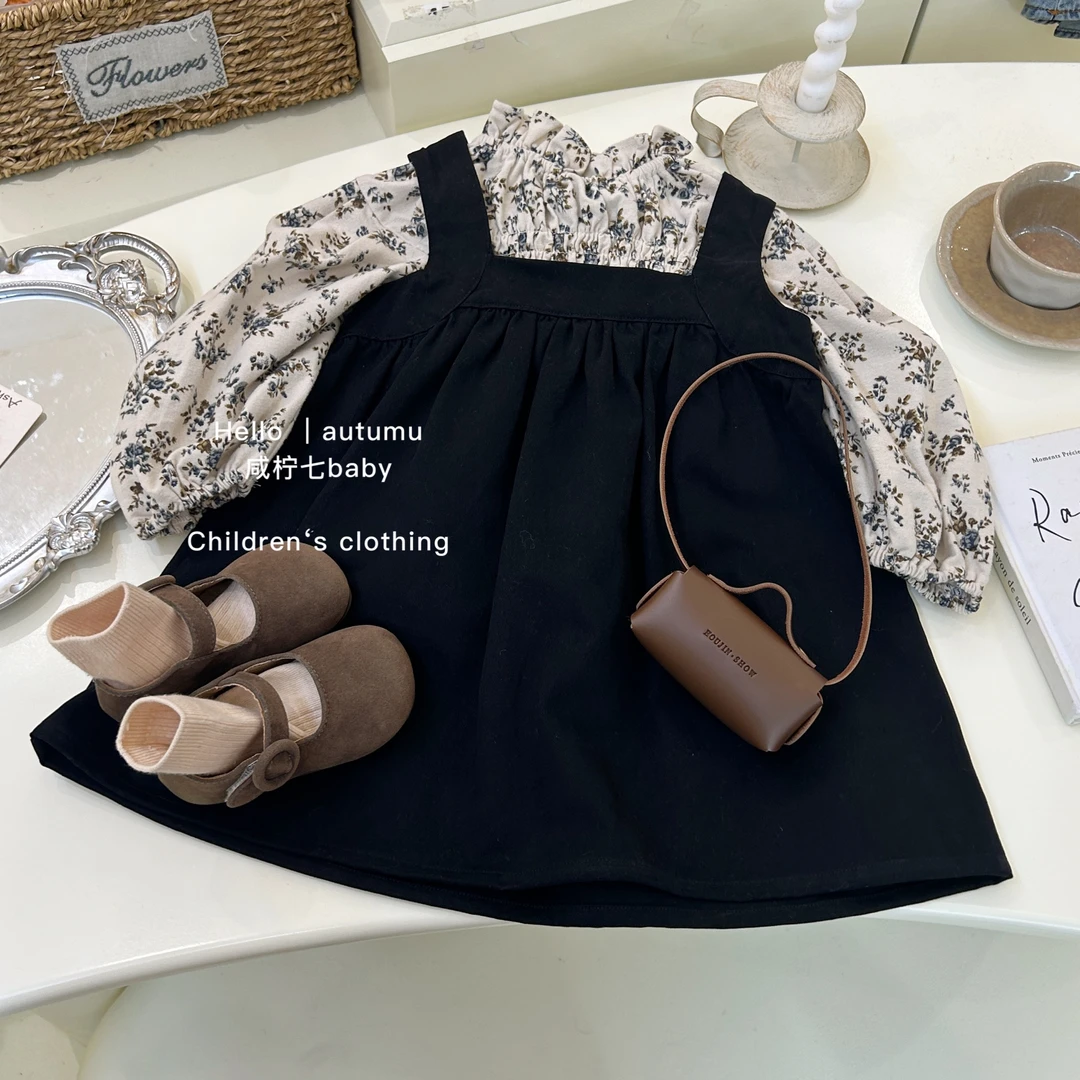 【现】女童秋款2024新款童装春装套装衣服碎花娃娃衫背带裙连衣裙
