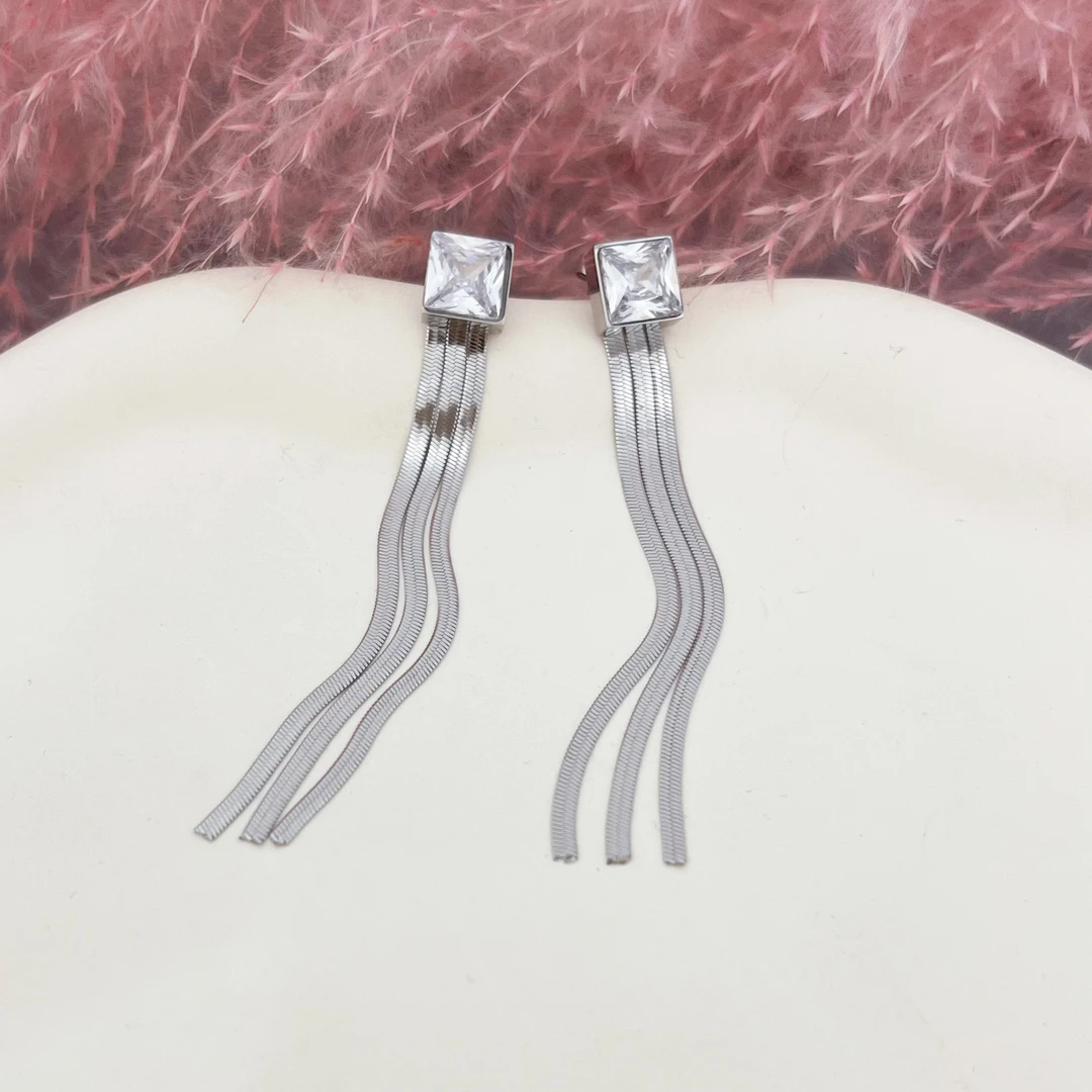 钛钢锆石耳饰 1925钛钢不掉色高定方锆流苏星河耳环