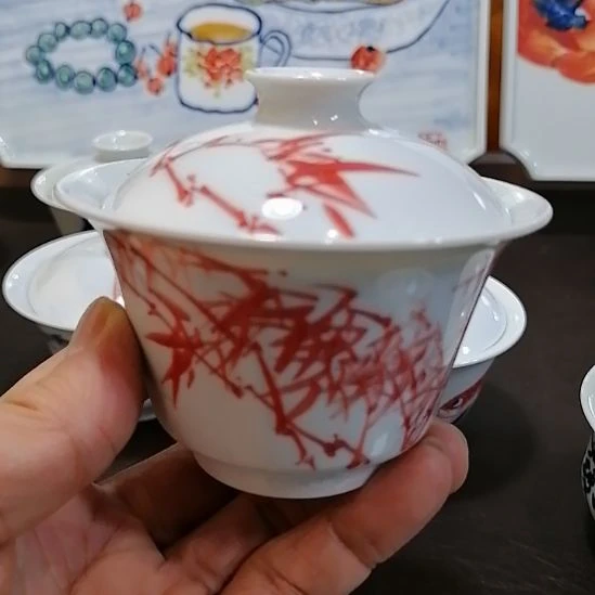 摆件陶景德镇陶瓷手绘红竹盖碗容量130cc