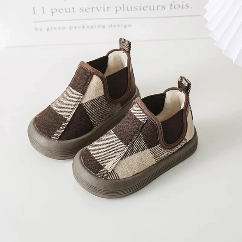 儿童棉鞋女童帆布鞋一脚蹬男童短靴子加绒棉靴保暖软底宝宝鞋冬季