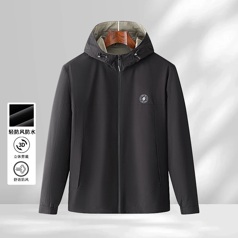 新款休闲薄款胸前圆标舒适立领保暖连帽夹克男款防水简约夹克外套