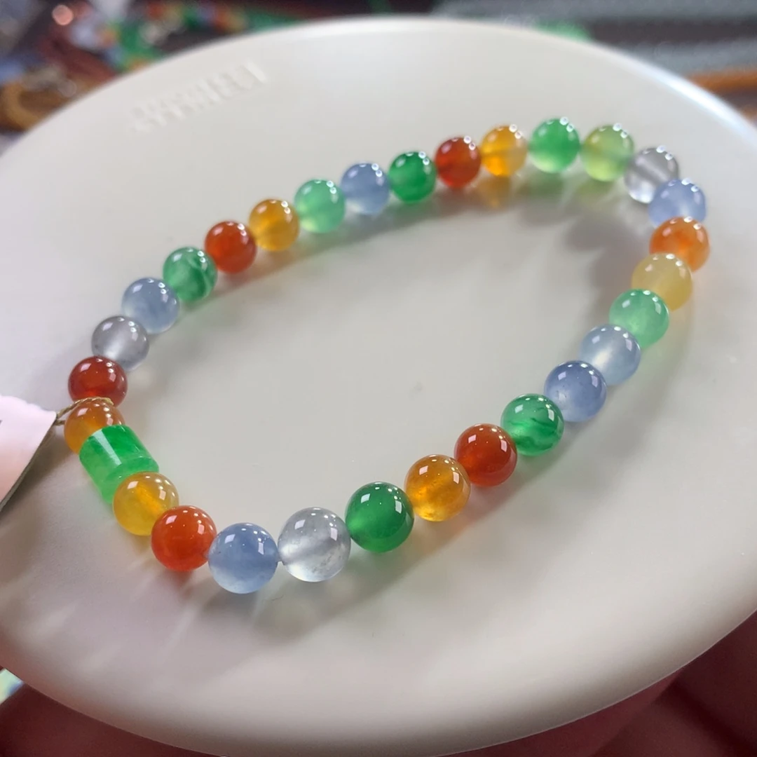 翡翠未镶嵌手链行家货•玻璃种冰艳彩彩虹糖果缤纷卡5.80～6.30+