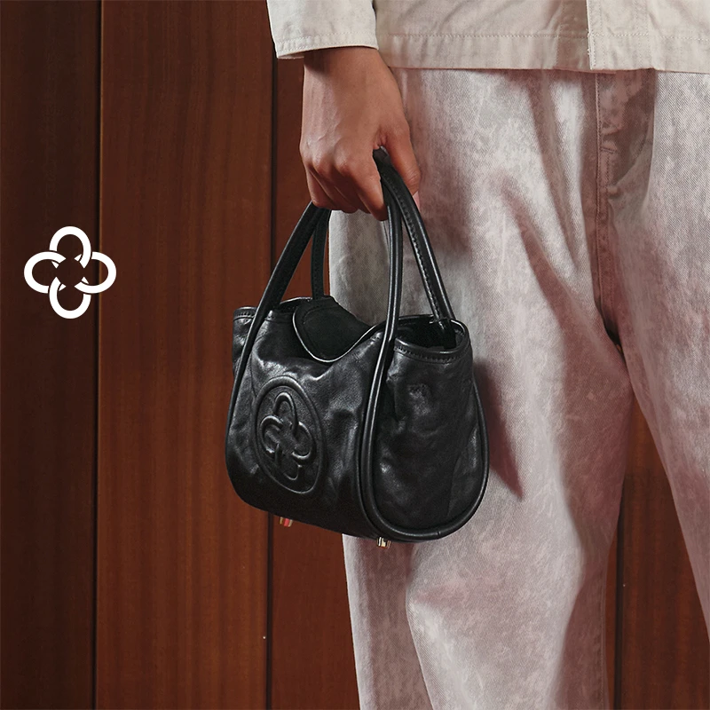 【意大利进口牛皮】卡思乐手提包女2025新款植鞣褶皱黑色菜篮子包