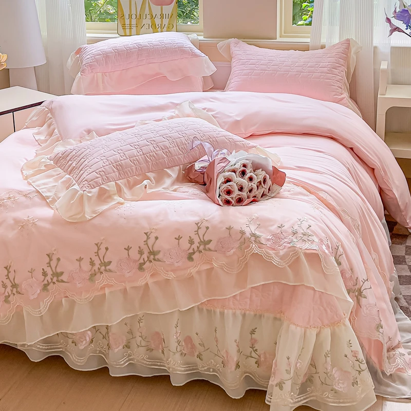 韩版公主风水洗棉床盖款四件套四季蕾丝花边夹棉床单被套