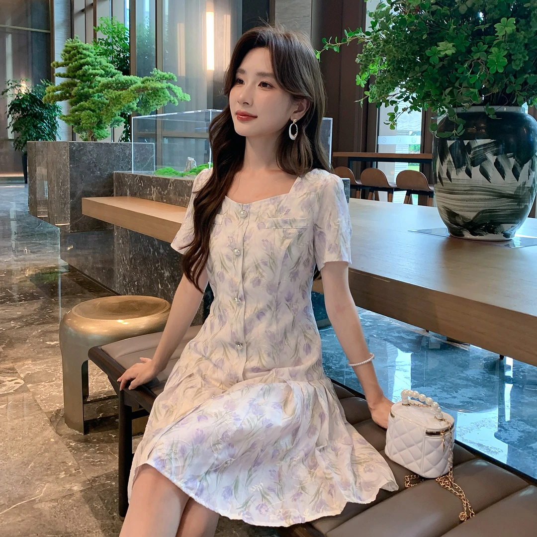 奢姿大码女装2025夏季新款时尚方领短袖连衣裙胖妹妹气质碎花裙子