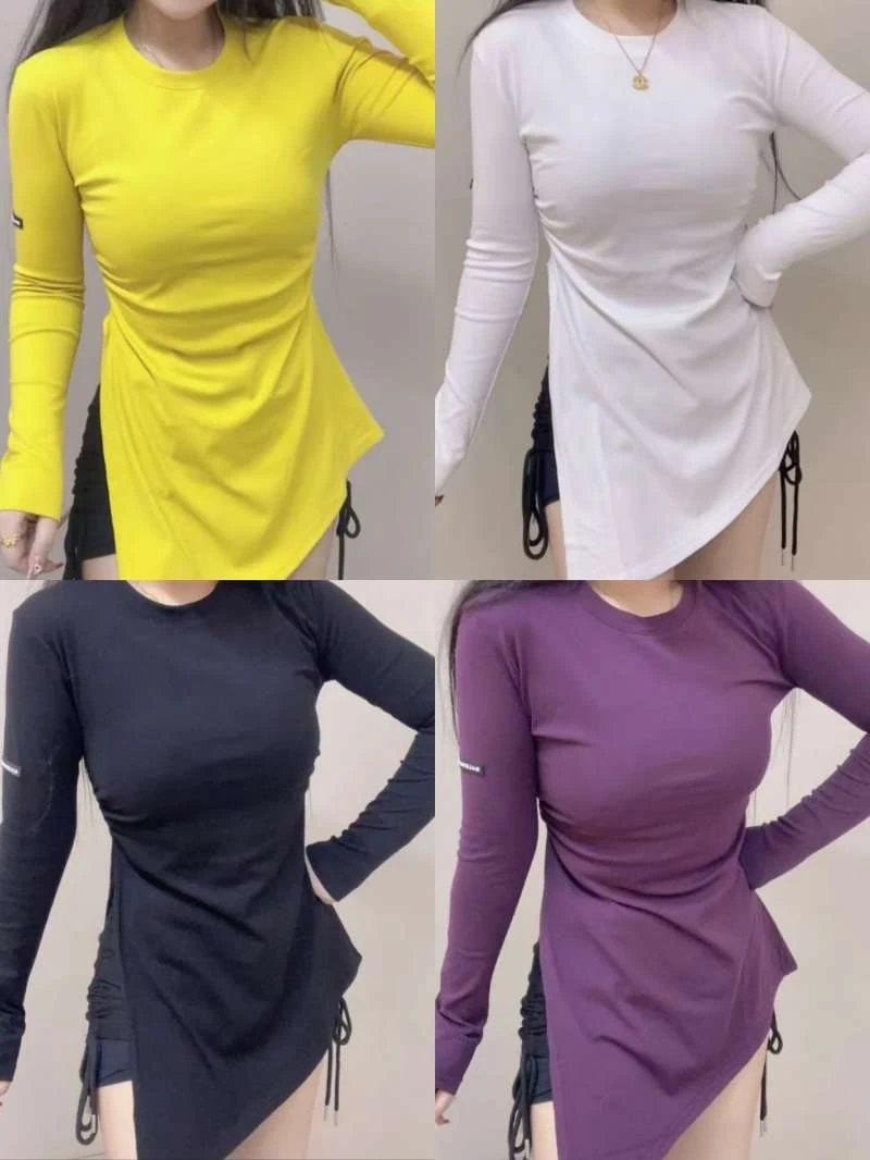 大码不规则长袖中长款t恤女早春新款大码显瘦遮肚子打底上衣薄款