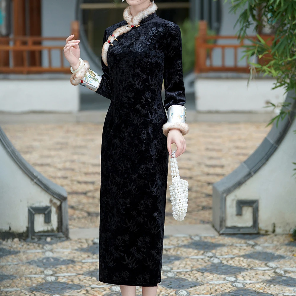 新老上海复古风黑色丝绒旗袍气质名媛高端修身长款毛领冬款连衣裙
