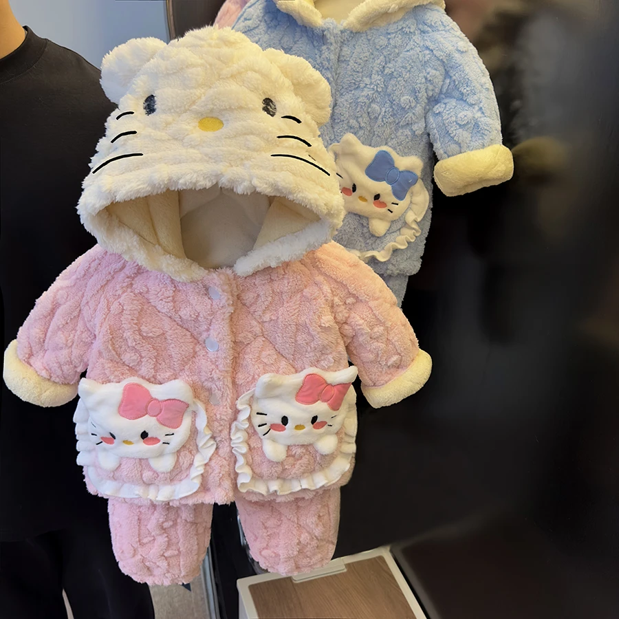 童装女童2025冬装新款可爱连帽三层加厚家居服两件套宝宝睡衣套装