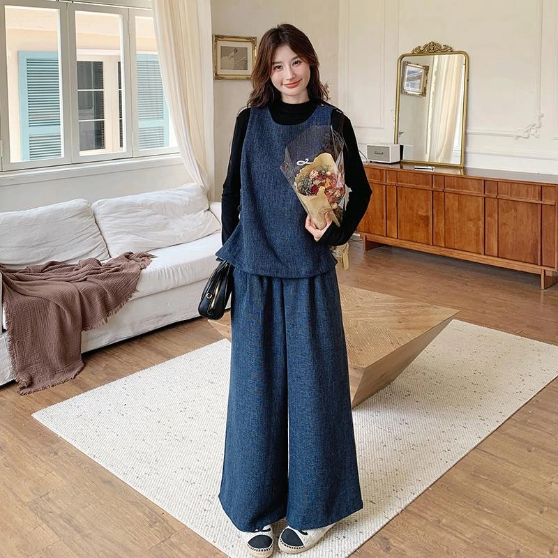 深蓝色马甲时尚套装女春秋新款韩版高级感复古温柔风阔腿裤两件套