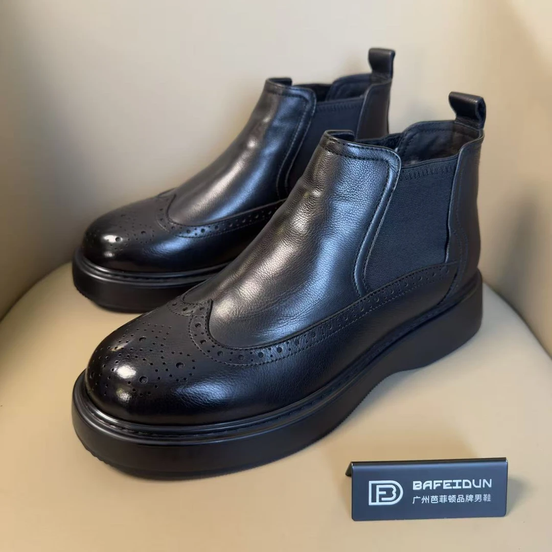 广州手工男鞋秋冬绵羊毛保暖厚底切尔西男鞋一脚蹬防滑063-1003
