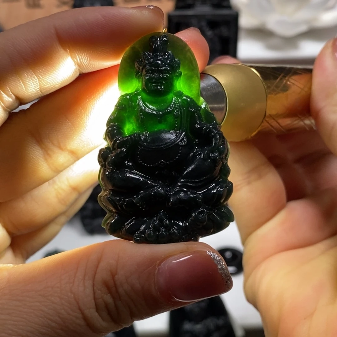 定制翡翠未镶嵌天然缅甸a货墨翠黄财神吊坠