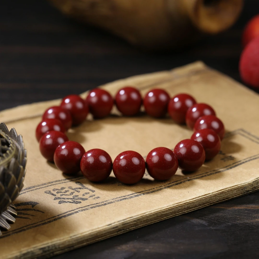 含辰砂工艺品朱砂14mm素串-深