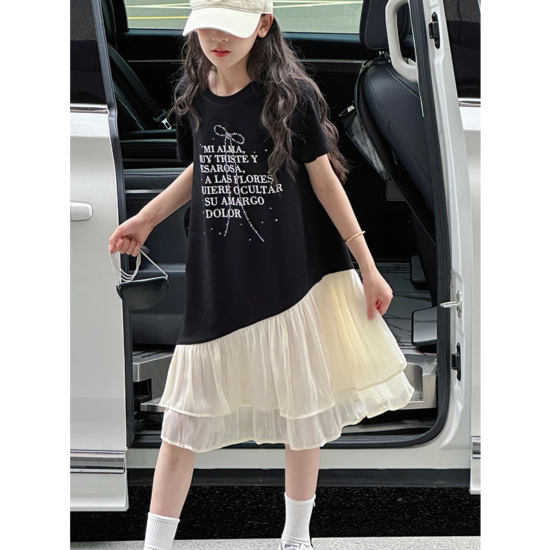 K29164烫钻网纱女童连衣裙2025新款夏装儿童休闲短袖裙子A字长裙