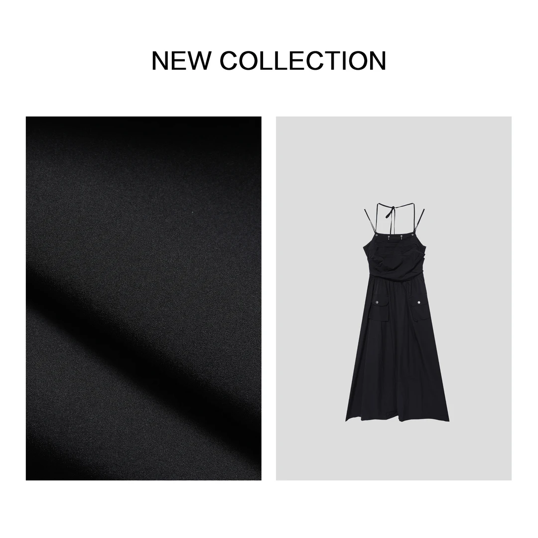 《婷婷专属》L5F26008经典黑色挂脖细肩带收腰长裙