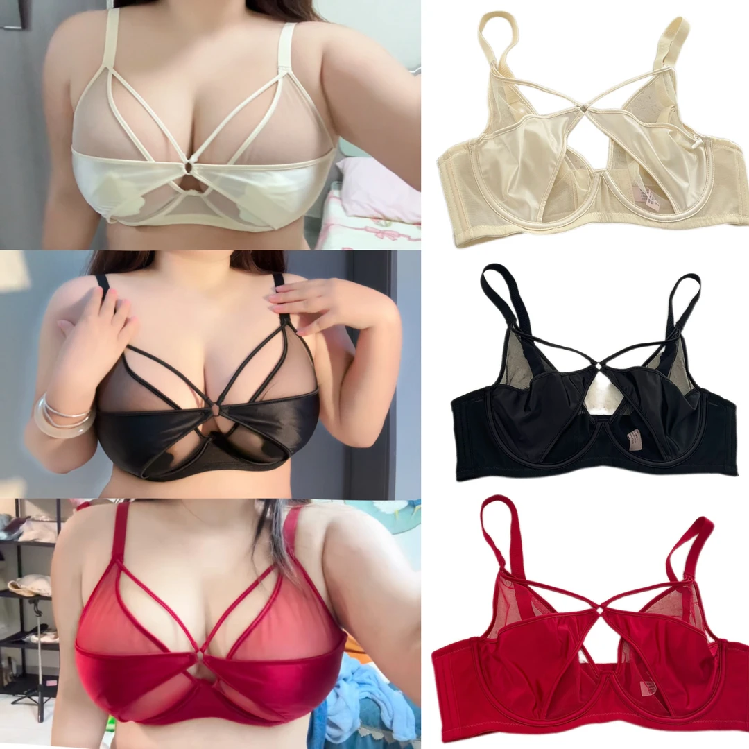 （现货）新款轻薄缎感大胸显小内衣超薄水晶杯美胸透气文胸女