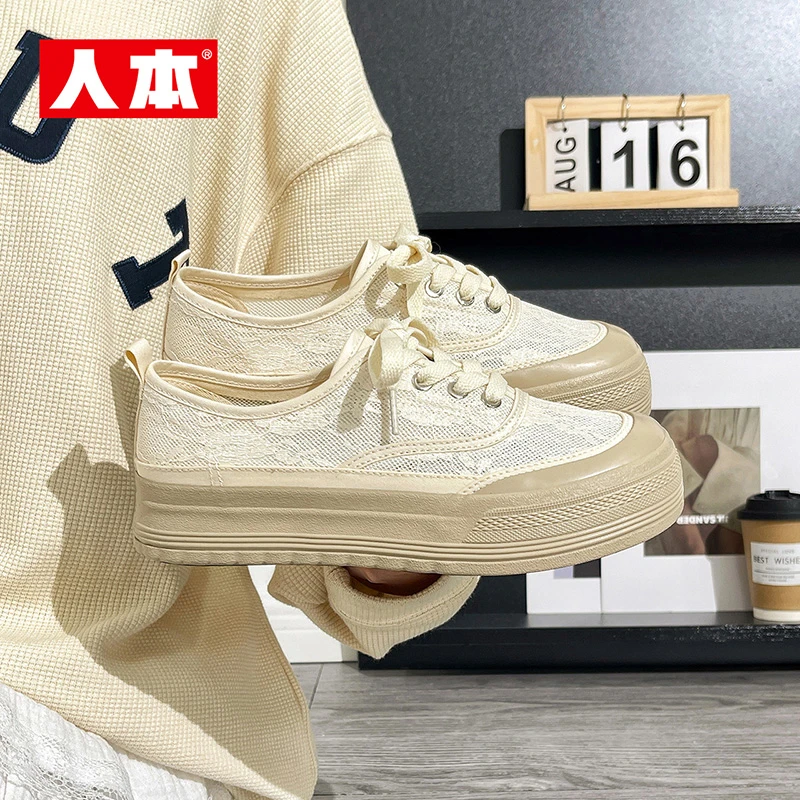 人本透气帆布鞋女2025夏季新款薄款蕾丝网面鞋子厚底休闲百搭板鞋