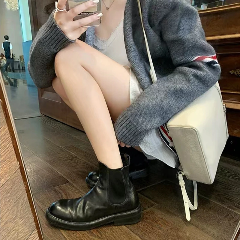 Crape myrtle短靴女2025新款秋冬季厚底粗跟复古英伦风马丁靴百搭